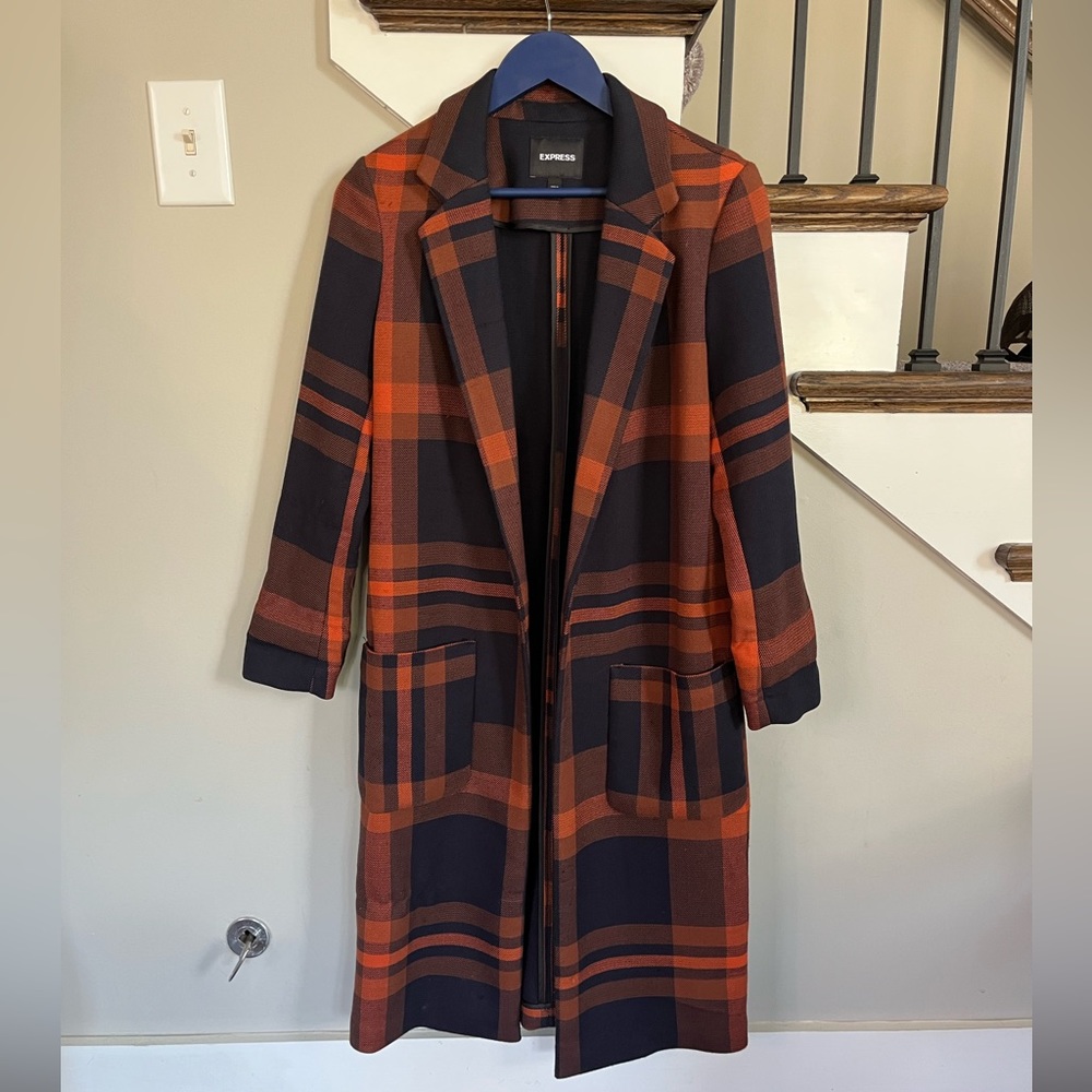 Express plaid coat. Orange and blue perfect for Fall and Auburn games!